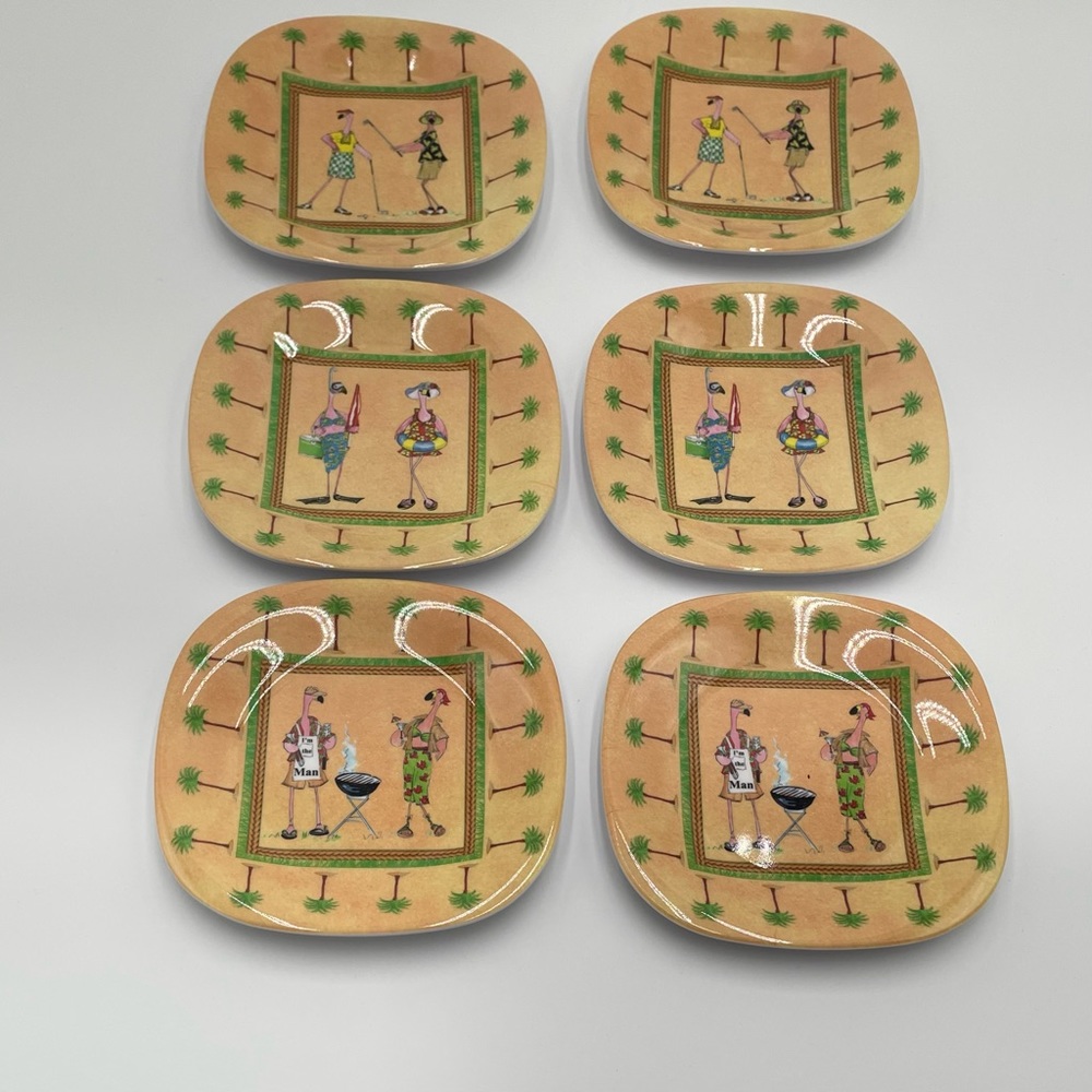 Anne Ormsby Art Melamine Appetizer Plates Oh So Flamingo Humor Golf Beach BBQ